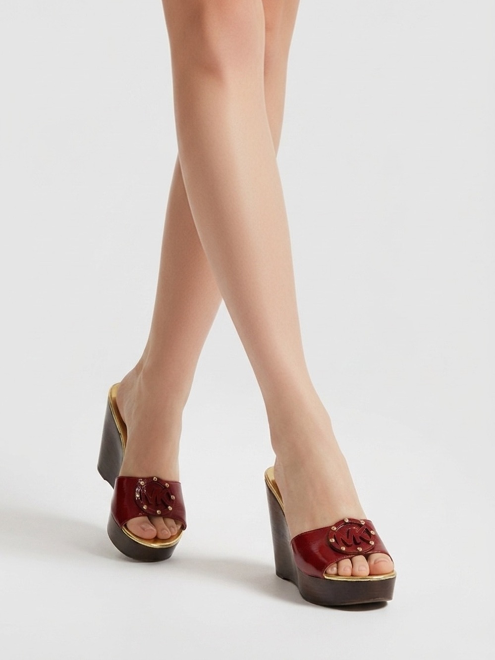 Michael Kors Red Leather Slide Wedges with Gold Footbed